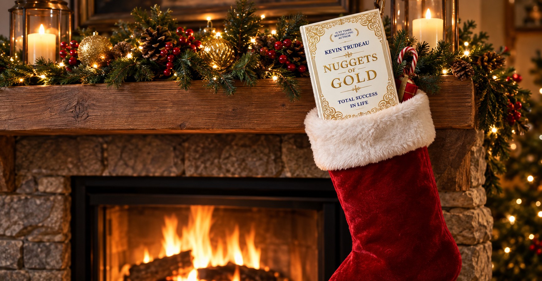The Nuggets of Gold hardcover poking out of a red velvet Christmas stocking hung from a garland-draped mantel above a crackling fireplace