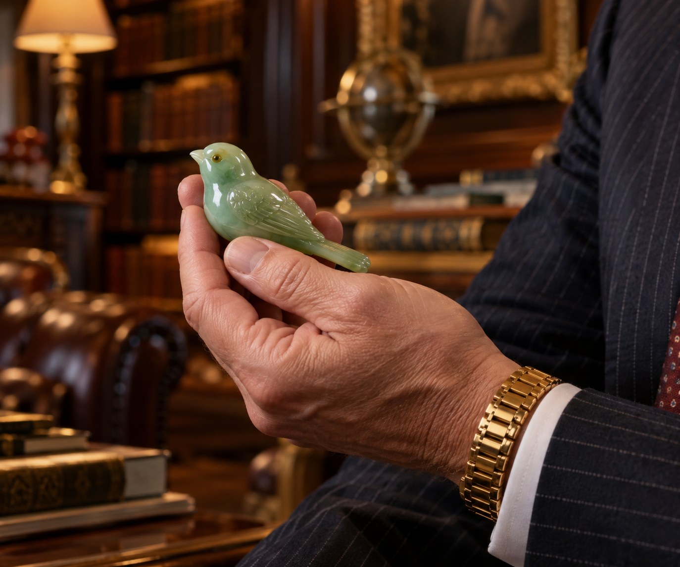 A wealthy man in a pinstripe suit holding a small carved jade bird in his palm, in a wood-paneled library