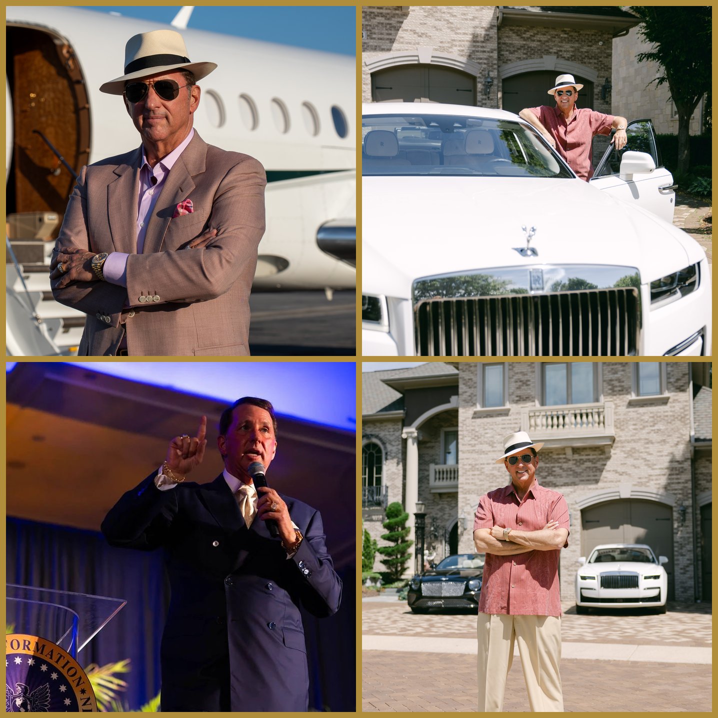 Kevin Trudeau beside his private jet, with his Rolls-Royce, speaking on stage, and standing outside his mansion
